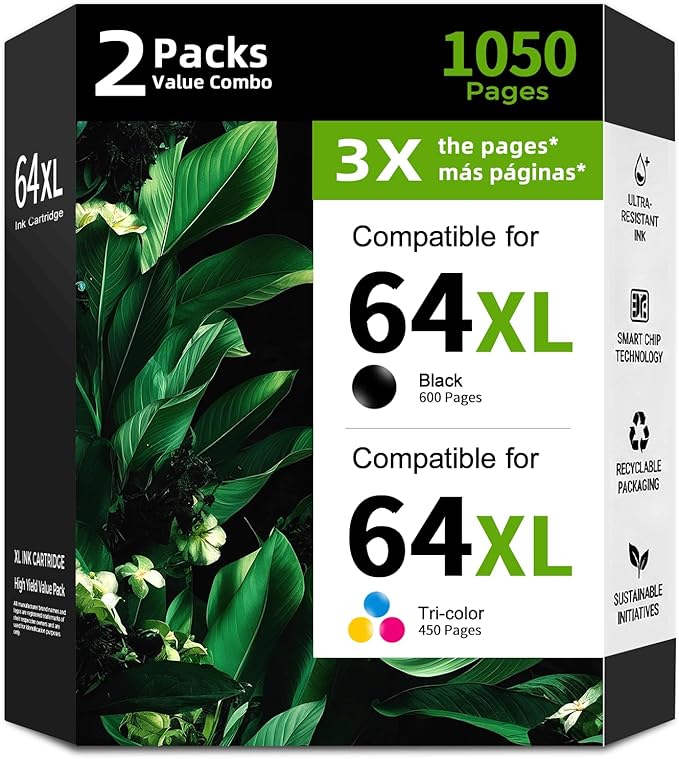 64XL Ink Cartridges (Black&Color,Combo Pack) Replacement for HP 64 hp64 XL for Envy Photo Series 7858 7855 7120 7155 7100 7158 7164 6255 6252 6232 7800 Inspire 7200e 7900e 7955e 7221e Tango X Printer
