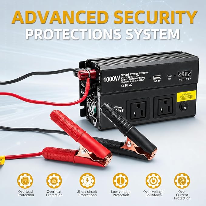 1000W Power Inverter for Car, 12V DC to 110V AC Converter with 3.0A USB Type-C Outlets, 12 Volt Car Cigarette Lighter Battery Inverter for Vehicles