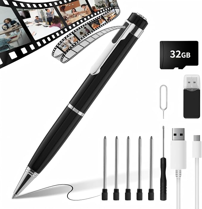 SRVR Hidden Camera Pen — 1080P Spy Pen Camera with Video Recording | 32GB Local Storage, 120-Min Battery, Portable Mini Body Camera | For Meeting & Home Monitoring (Bright Silver)