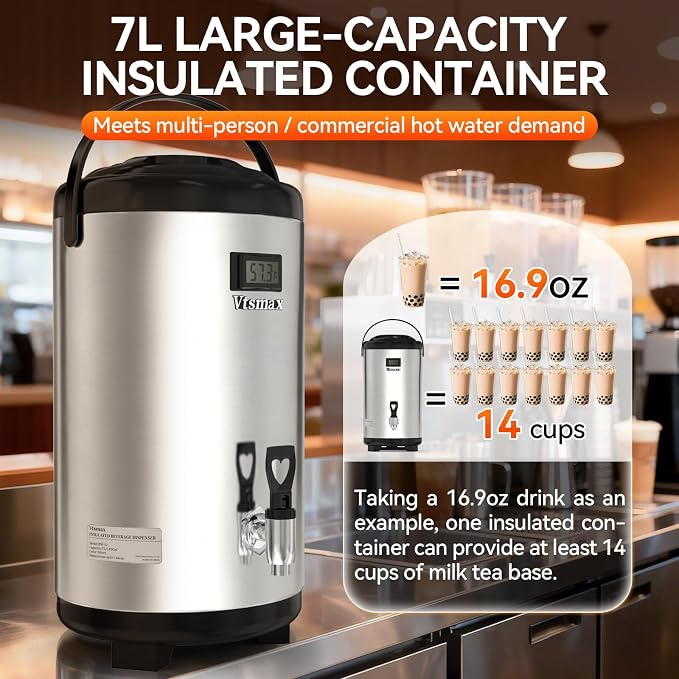 Commercial Insulated Beverage Dispenser with Stand, 2 Gallon Hot Water Dispenser, Hot & Cold Drink Dispenser Temperature Display, for Tea,Coffee(Silver)