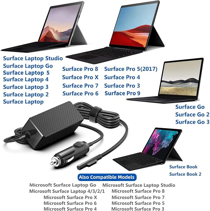 KFD 15V 6.33A Car Charger 12V-24V DC Adapter Compatible with Microsoft Surface Book 3 2 1 Surface Go 1 2 3 4 Surface Laptop 7 6 5 4 3 2 1 Go Surface Pro 11 10 X 9 8 7 7+ 6 1798 1932 Power Supply Cord