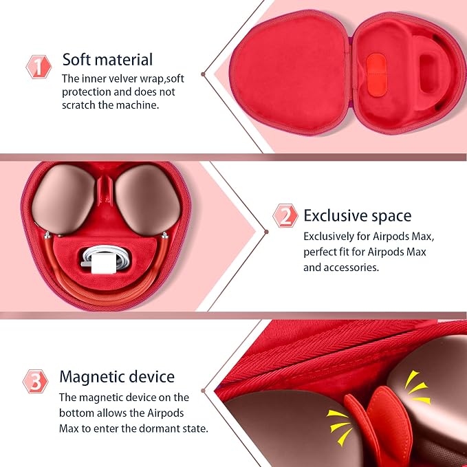co2CREA Hard Case with Sleep Mode Replacement for Apple AirPods Max 2 / AirPods Max Wireless Over-Ear Headphones (Rose Red Case + Inside Red)