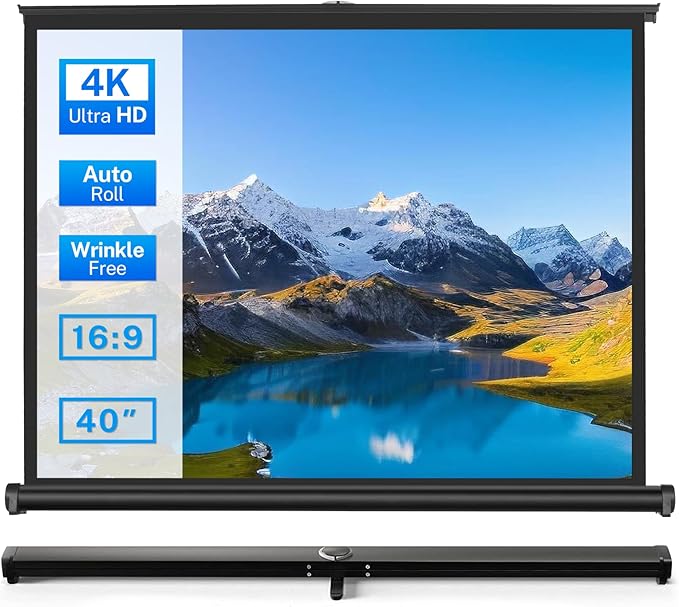 40 inch Small Projector Screen, Goldengrainv Retractable Pull Up Screen, Floor Projector Screen, 16:9 4K Portable Screen for Projector, Roll Down Movie Screen for Gaming Indoor, Mini White Screen
