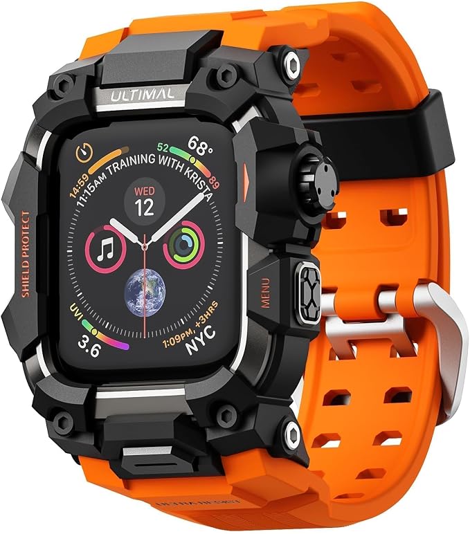 ULTIMAL Rugged Case with Band for Apple Watch 44mm,Compatible with Apple Watch Series SE 3/SE 2/SE Generation/6/5/4, Military Grade Shockproof Bumper Cover for iWatch Tactical Band Men (Orange, 44mm)