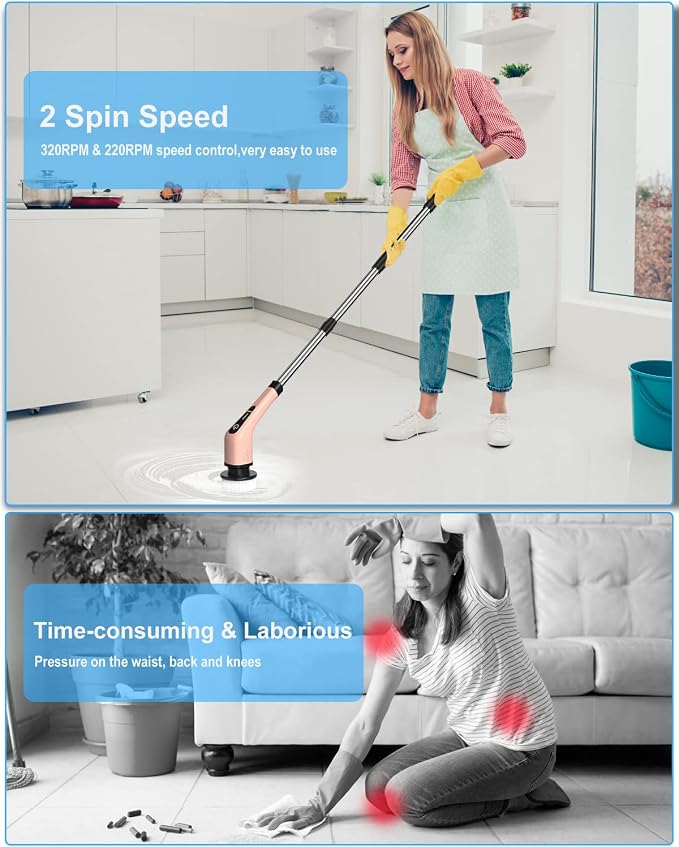 Leebein Electric Spin Scrubber, Cordless Powerful Scrub Brush for Cleaning Bathroom, Kitchen, Shower Tub and Floor Tile with Adjustable Extension Long Handle and 8 Replaceable Brush Heads(Rose)