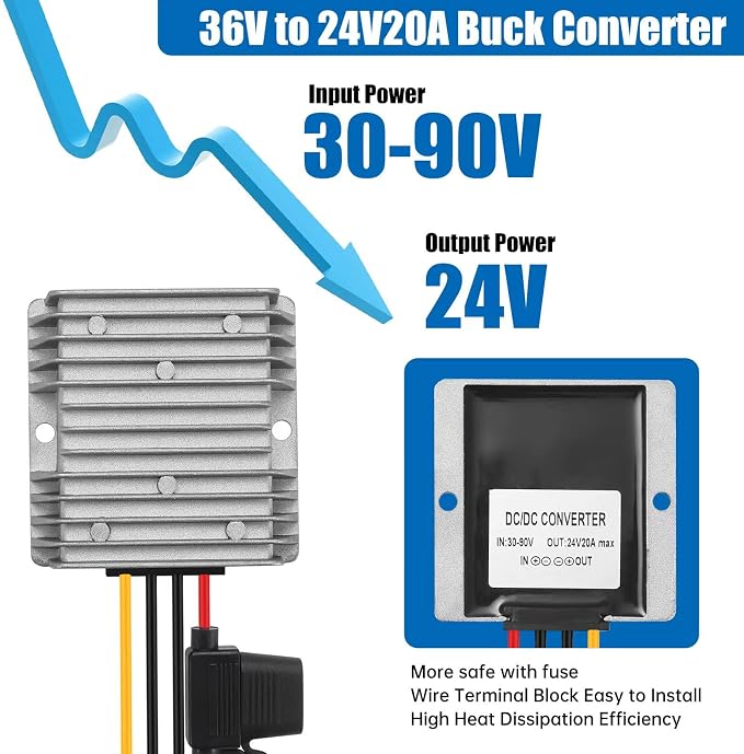 DC 30V-90V to 24V 20A 480W Waterproof Buck Power Converter DC to DC Step Down Transformer Power Supply Buck Converter for CNC Equipment Switches Photovoltaic Panels etc