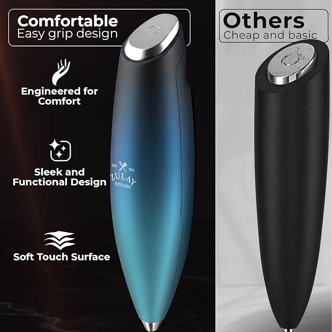Zulay Kitchen Powerful Milk Frother Wand With Duracell Batteries - Ultra Fast Handheld Drink Mixer - Electric Whisk Foam Maker for Coffee, Lattes, Cappuccino & Matcha - Triple Whisk - Ocean Depth