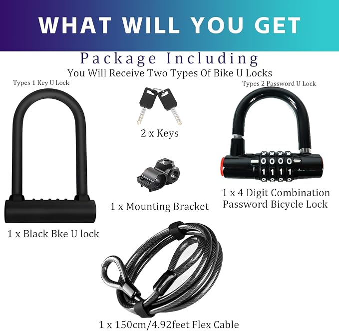 Bike Lock Set with 2 Types of Bicycle Locks, Bike U Lock with 4.9ft Security Steel Cable, Heavy Duty Anti Theft Bicycle U Lock with Mounting Bracket for Road, Mountain, Folding Bike and Scooter