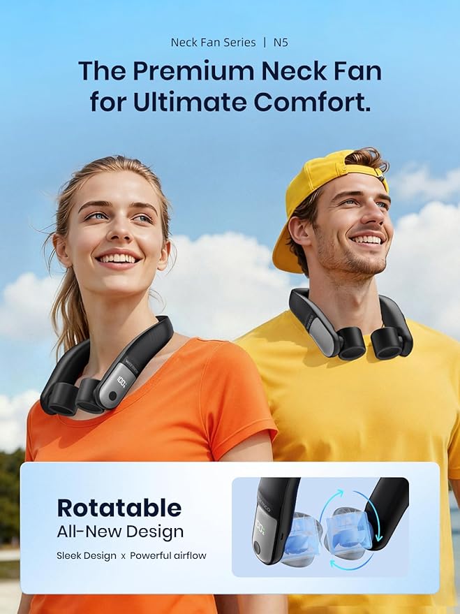 Warmco N5 10000mAh Neck Fan, Rechargeable Wearable Fan | Up to 30H Runtime, 7m/s Airflow, 60° Adjustable Dual Vents, 4 Speeds, LED Display, Soft Silicone Neck Pad