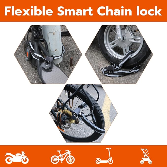 Fingerprint Bike Chain Lock, Bluetooth Bike Lock Waterproof Biometric Keyless Lock Heavy Duty Anti-Theft with 3.3 Feet Long Chain Lock for eBike Scooter Gate Ski Snowboard
