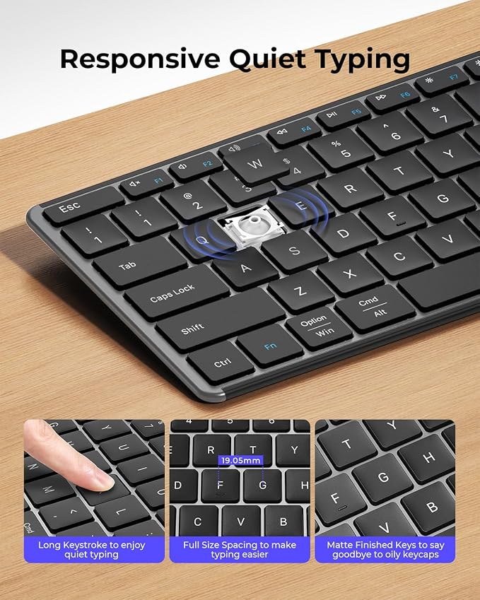 seenda Wireless Bluetooth Keyboard and Mouse Combo, SKM64-3 Rechargeable Slim Quiet Keyboard Mouse, 3 Multi-Device Connection, Compatible for Windows 11/10 PC Laptop Mac MacBook iPad, Black Gray
