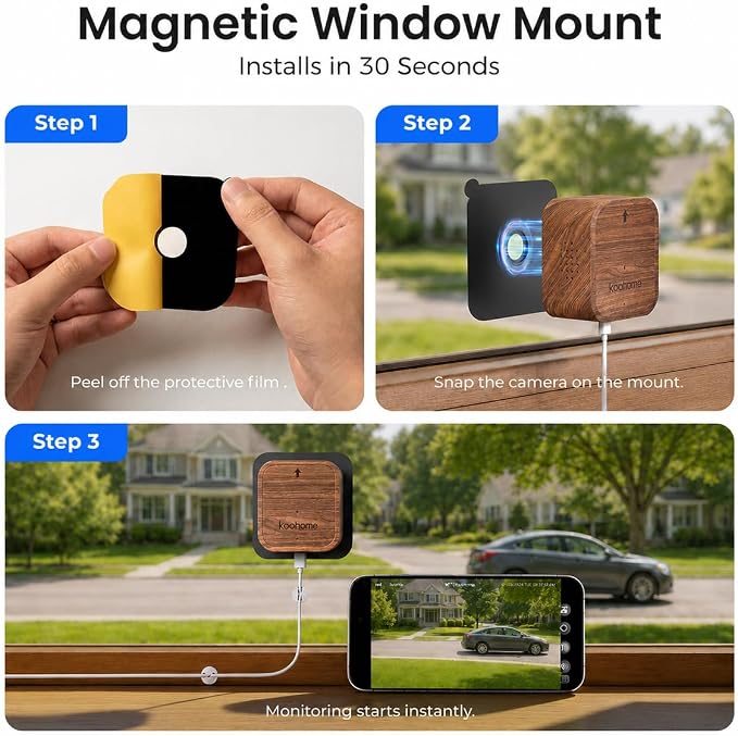5MP 3K Window Camera 2 Pack for Indoor & Outdoor Home Security, Magnetic Mount, Color Night Vision, 24/7 Recording, Free Cloud Storage, No Subscription, Dual-Band WiFi, AI Detection, Walnut Wood