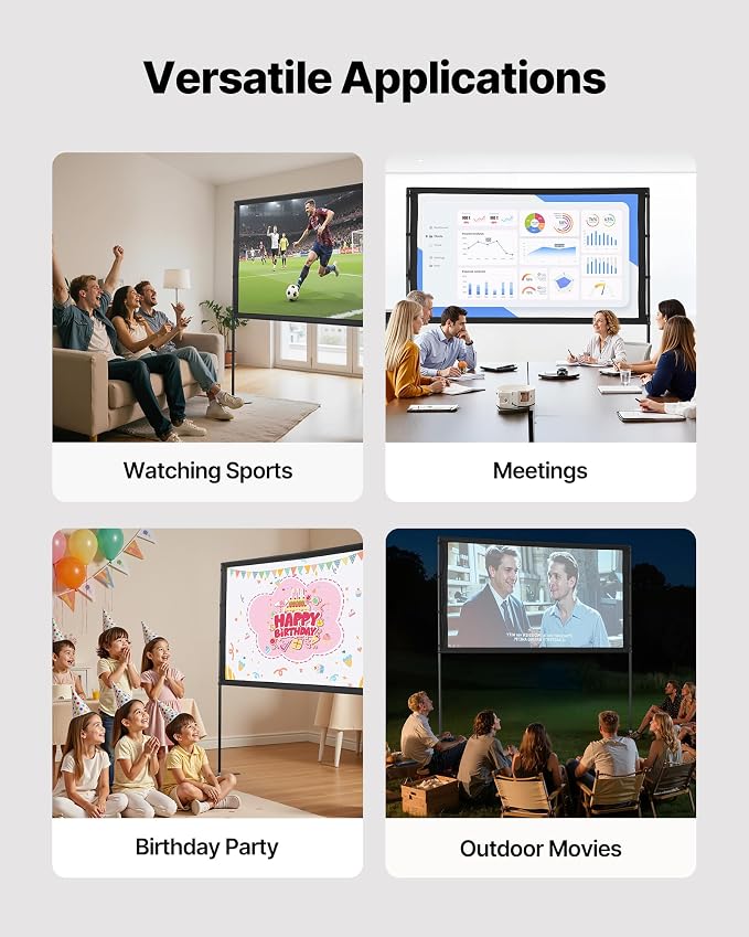 VEVOR Projector Screen with Stand, 80 Inch 160° Wide Angle Indoor Outdoor Projection Screen, 16:9 4K HD Wrinkleless Portable Dual-Stand Screens with Carry Bag, for Movie Home Theater Presentation