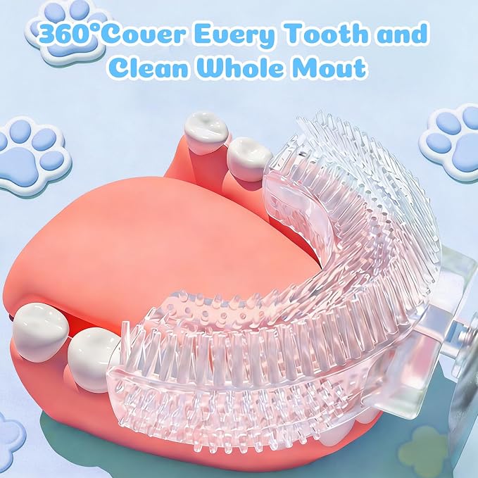 Kids U Shaped Electric Toothbrush for Age 2-12, Rechargeable Toddler Toothbrush with Smart Timer & 3 Clean Modes, Cat's Claw Design, IPX7 Waterproof, 3 Brush Heads & 360°Cleaning
