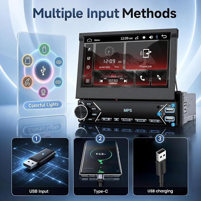 Single Din Flip Out IPS Touchscreen Car Stereo, 7inch Car Stereo with Bluetooth Car Audio Receivers, Backup Camera, FM Radio/Mirror Link/USB/AUX/TF/Type-C Fast Charging