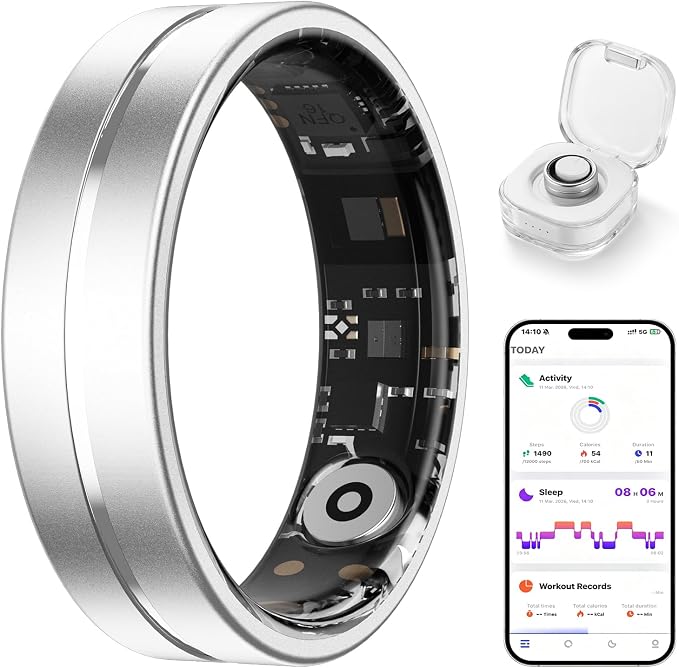 Smart Ring for Women Men, AI Health Fitness Tracker with Sleep, Heart Rate, HRV, Stress, Gesture Photo, IP68 Waterproof, No Subscription, iOS Android (Matte Sliver,12)