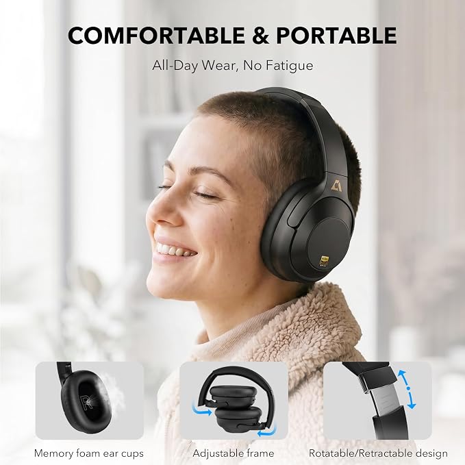Bluetooth 6.0 Active Noise Cancelling Headphones for Airplane Travel, LDAC Hi-Res Audio, 90H Playtime Wired and Wireless ANC Headphones, Over Ear Headset for Home Office, Custom EQ via APP, Black