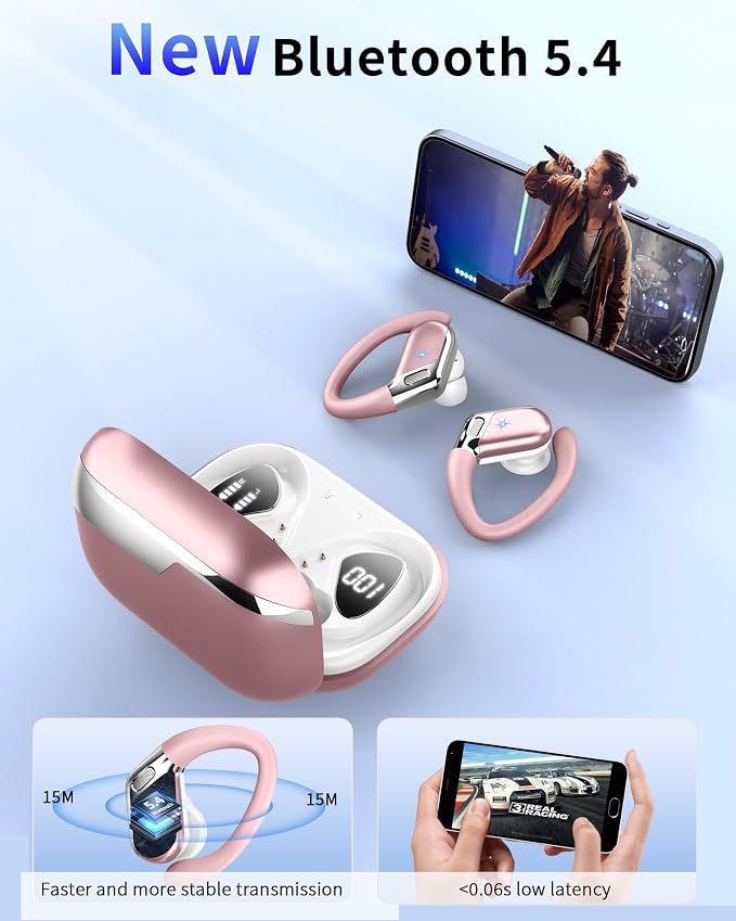 Hupoaf Wireless Earbuds Sport with Earhooks, 2026 Bluetooth 5.4 Headphones with 4 ENC Noise Canceling Mics, 50H Stereo Earphones for Running/Gym/Workout, IP7 Waterproof Over Ear Buds for Android/iOS