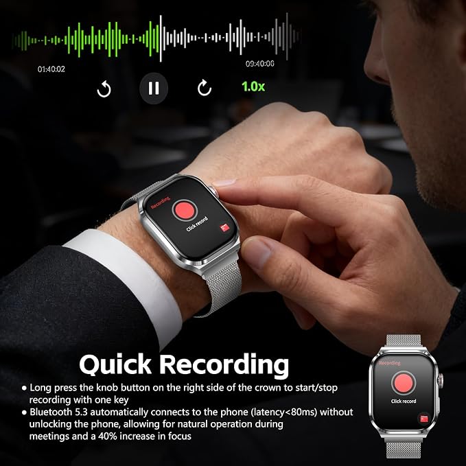 AI Smart Watch with Voice Recorder, Transcribe & Summarize with AI for Meetings, App Control, Supports 135 Languages, 2.13" AMOLED Display, Health, Fitness & Sleep Tracker, 80+ Workout Modes, Silver