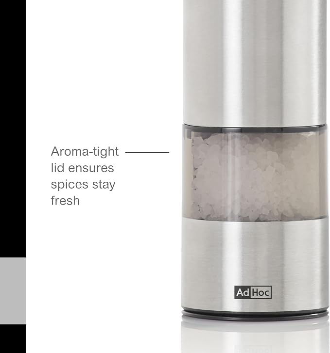 AdHoc Electric Salt & Pepper Grinder - One-Button Operation - Uses SilentDrive for Quiet Operation - Battery Powered - Mill with CeraCut Ceramic Grinders - Mini