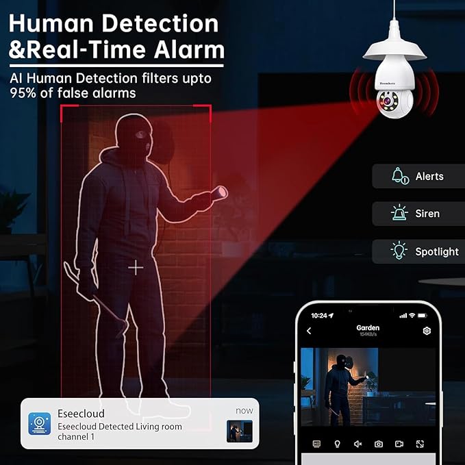 2K Light Bulb Security Camera,5G&2.4GHz WiFi 360° Motion Tracking, Color Night Vision, Alexa Compatible, Wireless WiFi Security Camera with Two-Way Audio, SD/Cloud Storage and Smart Alerts