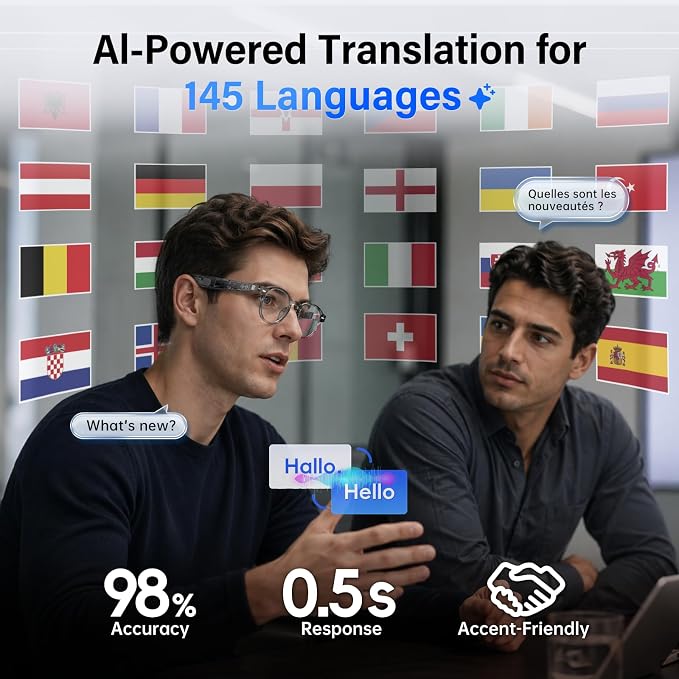 GetD 2026 AI Smart Glasses for Men & Women - Powered by ChatGPT with Real-Time 145-Language Translation, 11H Music/9H Calls, Electro-Gray Translucency & Blue Light Blocking for Travel and Daily Use