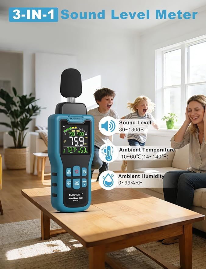 Decibel Meter, DURFICST Sound Level Meter 30-130dB, SPL Meter with Temperature & Humidity, A/C Weighted DB Meter with dB/SONE, Fast/Slow, MAX/MIN, for Home, Office, Factory, Neighbor Noise