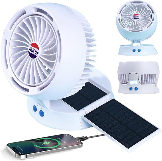 Rechargeable Camping Fan with Light - Solar Powered, USB/Battery Operated, 10400mAh, 4-Speed Adjustable, LED Lantern, Suitable for home and outdoor use.