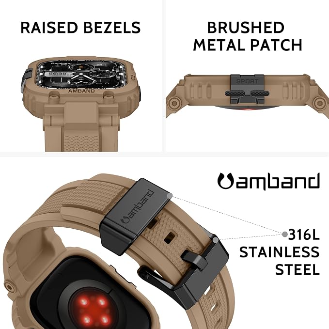 amBand Compatible with Apple Watch Series 11/10 42mm Bands Case for Men Women, M1 Sport Rugged Heavy Duty Protective Cover Tactical Strap Military Protector Bumper for iWatch Accessories - Desert Tan