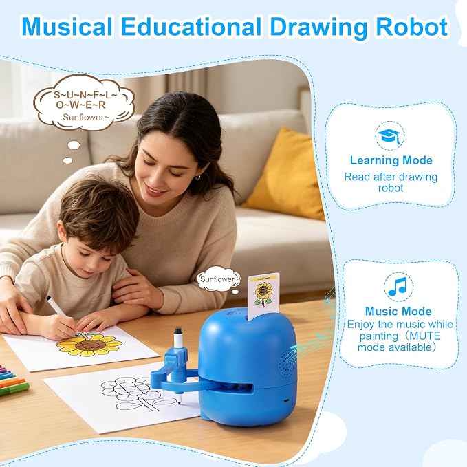 Drawing Robot for Kids Toy, Gifts for 3 4 5 6 7 8 9 Year Old Boys & Girls | Robot Drawing Machine, Electric Music Painting Learning Toys, Birthday Christmas Gifts, 150 PCS Cards, 12 Color Pens, Blue