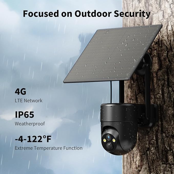ELYSOO 4G LTE Cellular Security Cameras Outdoor, 2K 360° View No WiFi Needed Solar Powered Security Camera, Color Night Vision, Built-in SIM Card, Unlimited Data Plan