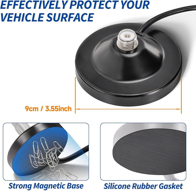Bingfu Vehicle Mobile Ham Radio Antenna with Ground Planes Dual Band VHF UHF 136-174MHz 400-470MHz Magnetic Base Mount Soft Whip Antenna PL259 Male Connector for Car Marine Amateur Radio