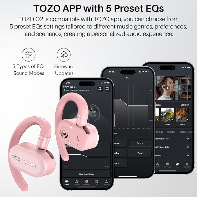 TOZO O2 True Open Ear Wireless Earbuds with Multi-Angle Adjustment, Bluetooth 5.3 Headphones with Bass Sound, Crystal-Clear Calls, 42 Hrs Playtime, Long-Lasting Comfort for Work, Driving, Sport Pink