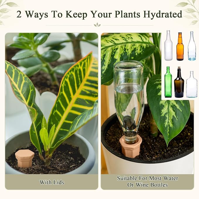 12 Pack Terracotta Watering Spikes with Lids Plant Watering Spikes Automatic Plant Waterer Devices Outdoor Indoor Vacation Friendly Slow Release Self Waterer Planter Insert(Medium)