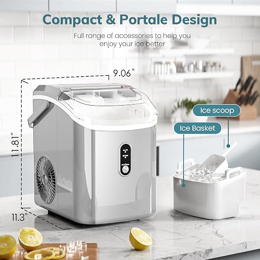 Antarctic Star Nugget Ice Maker Countertop, Chewable Pellet Ice Machine with Self Cleaning Function, Pebble Portable Ice Maker with Ice Scoop for Home Kitchen Office (Grey)