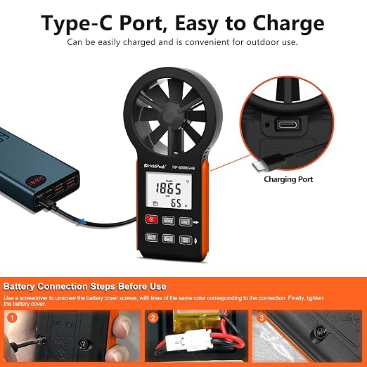 HOLDPEAK Handheld Anemometer, Digital Wind Speed Meter for HVAC, Drone Flying, Sailing & Weather Monitoring, Portable Air Flow Tester with Backlight, Rechargeable Battery, and Auto Shut-Off