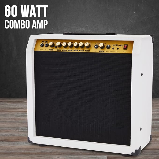 LyxPro 60 Watt Electric Guitar Amplifier | Combo Solid State Studio & Stage Amp with 10” 4-Ohm Speaker, Custom EQ Controls, Drive, Delay, ¼” Passive/Active/Mic Inputs, Aux In & Headphone Jack - White