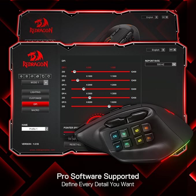 Redragon M811 Aatrox MMO Gaming Mouse, 15 Programmable Buttons Wired RGB Mouse w/Ergonomic Natural Grip Build, 10 Side Macro Keys, Software Supports DIY Keybinds & Backlit