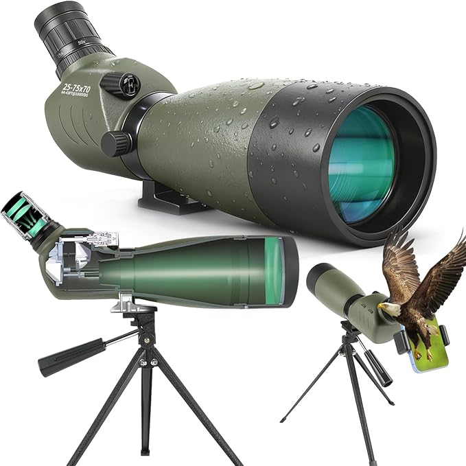 Spotting Scopes 25-75x70 Zoom HD BAK4 Prism Waterproof Fogproof Spotting Scope with Tripod for Target Shooting Bird Watching Hunting Wildlife Outdoor