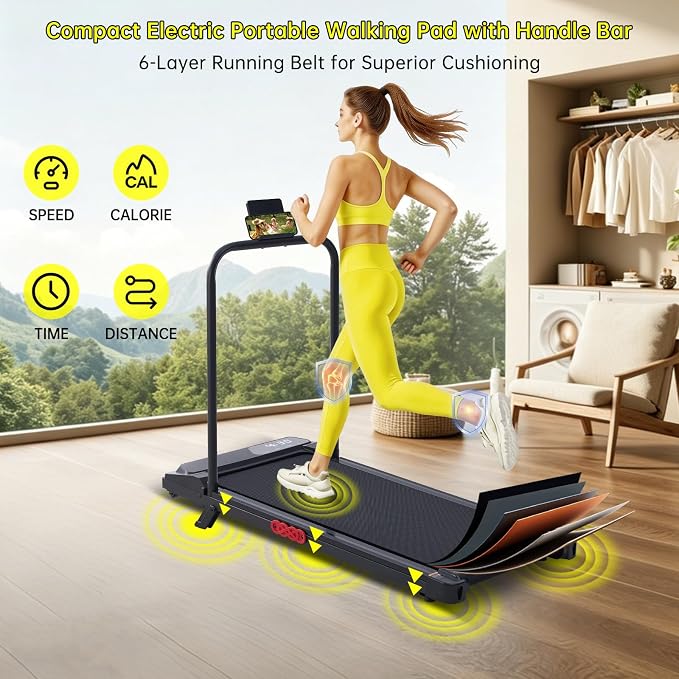 Walking Pad with Handle Bar, 2026 Upgrade Compact Portable Small Treadmill with Handles for Home Office Small, 3.0HP Electric Under Desk Mini Walking Pad Treadmill with Incline, 0.6-7.6MPH, 350LBS