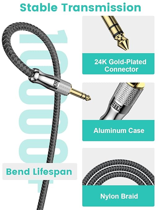 EMK Premium 1/4" (6.35mm) Male to Female Stereo Extension Cable (8Ft/2.4M) - Gold-Plated Quarter Inch Headphone/Guitar/Audio Extension Cord for Studio Equipment, Amplifiers & Instruments