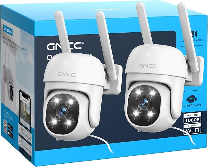 GNCC 2.4GHz Outdoor Security Camera, 1080P Cameras for Home Security with Motion Detection and Siren, 2-Way Audio, Color Night Vision, App Control, 24/7 SD Storage, Cloud Storage, Waterproof,(2-Pack)