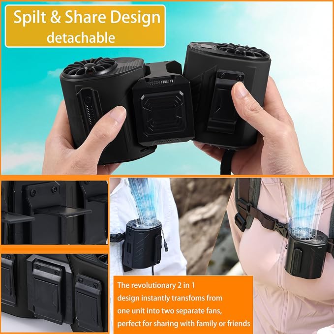 Portable Waist Fan Detachable Dual-Fan Combination Turbo Technology10000 mAh 5-Speed 13000RPM Clip On Belt Wearable Personal Neck Fan for Traveling Outdoor Jobsite Camping WZ-ruijiang (BLACK)