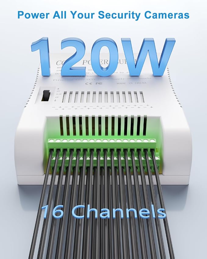 ALITOVE Security Camera CCTV Power Supply 12 Volt 16 Channel Power Distribution Box 10A 120W DC Voltage Adjustable 12V 13.5V 15V AC Adapter 100-240V 50-60Hz for DVR NVR Camera, LED Strip Light