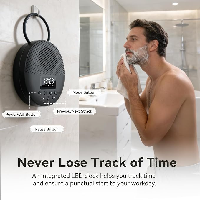 Shower Radio Speaker with Bluetooth 5.4, AGPTEK Waterproof Wireless Bathroom FM with Suction Cup 12H Long Playback Time, Lanyard, LCD Screen Display, Handsfree Calling, Storage Card Playback (Black)
