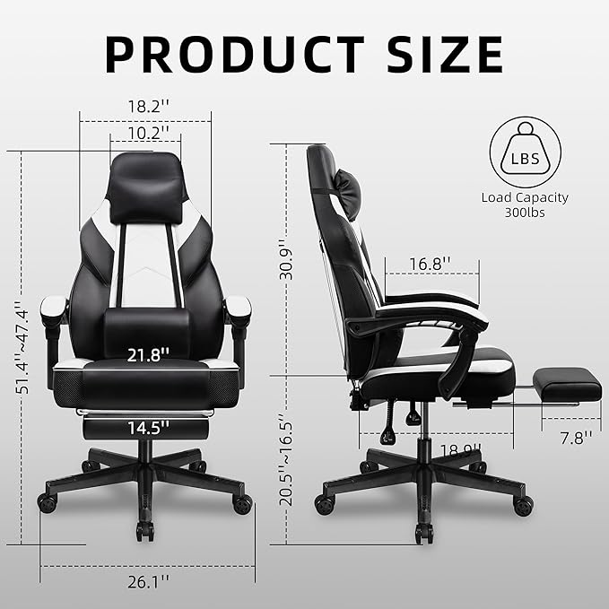 Shintenchi Gaming Chair,Video Game Chair with footrest and Massage Lumbar Support,Height Adjustable Game Chair with 360°Swivel Seat Ergonomic Computer Chair with Headrest for Office or Gaming(White)