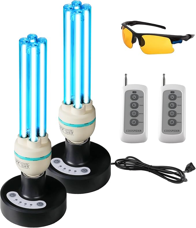 36Watts UV Sanitizer Lamp 2pack 72w with Remote Control Powerful UVC Light with E26 Base for Basement/Bedroom/Kitchen/Office/Storehouse/Car, 3-Gear Timer 110V Ozone Free