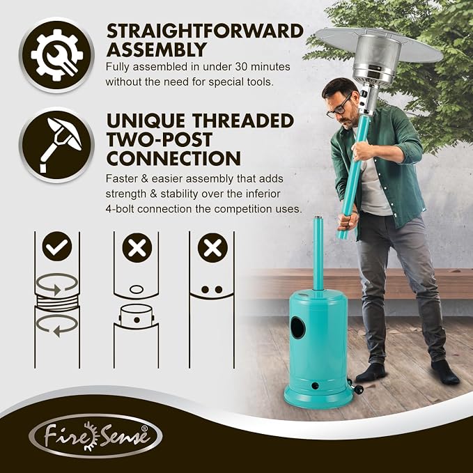 Fire Sense 61130 All Seasons Patio Heater With Wheels 48,000 BTU Output Electronic Ignition System Portable Outdoor Propane Heater Patio Heater - Aqua Blue