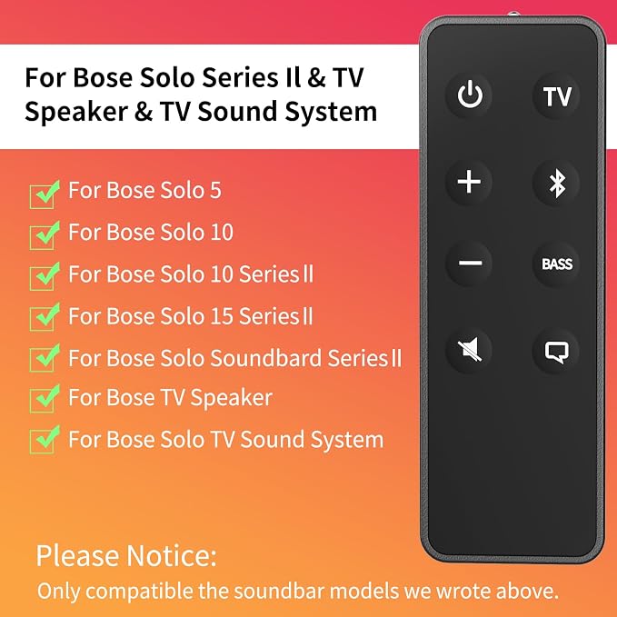 Replacement Remote Control for Bose Solo 5 10 15 Sound Bar, Compatible with Bose Solo 5 10 15 Series II TV Sound System 410376 418775 431974 845194 740928-1120 838309-1100 with CR2025 Battery