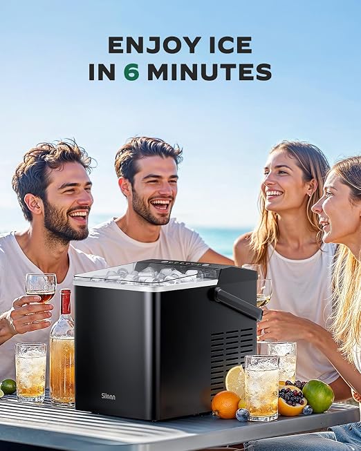 Silonn Ice Maker Countertop, Portable Ice Maker with Carry Handle, Self-Cleaning 1.8L Water Tank Large Ice Basket, Ice Machine Produces 9 Cubes in 6 Min Perfect for Home Kitchen and RV